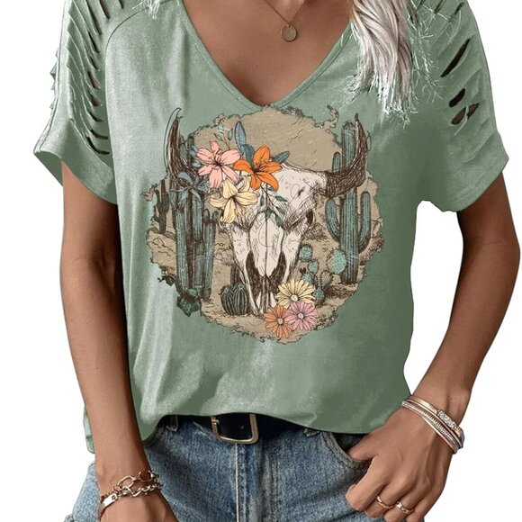 Womens Cut Out Cold Shoulder T Shirts Boho Floral Graphic Tshirts Nashville Coun - Picture 1 of 2